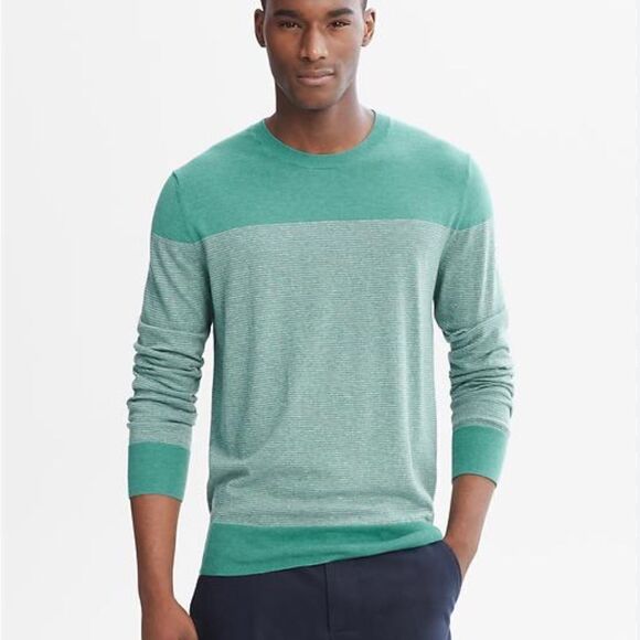 Banana Republic Pima Cotton blend teal striped crew neck sweater size small - Picture 1 of 10